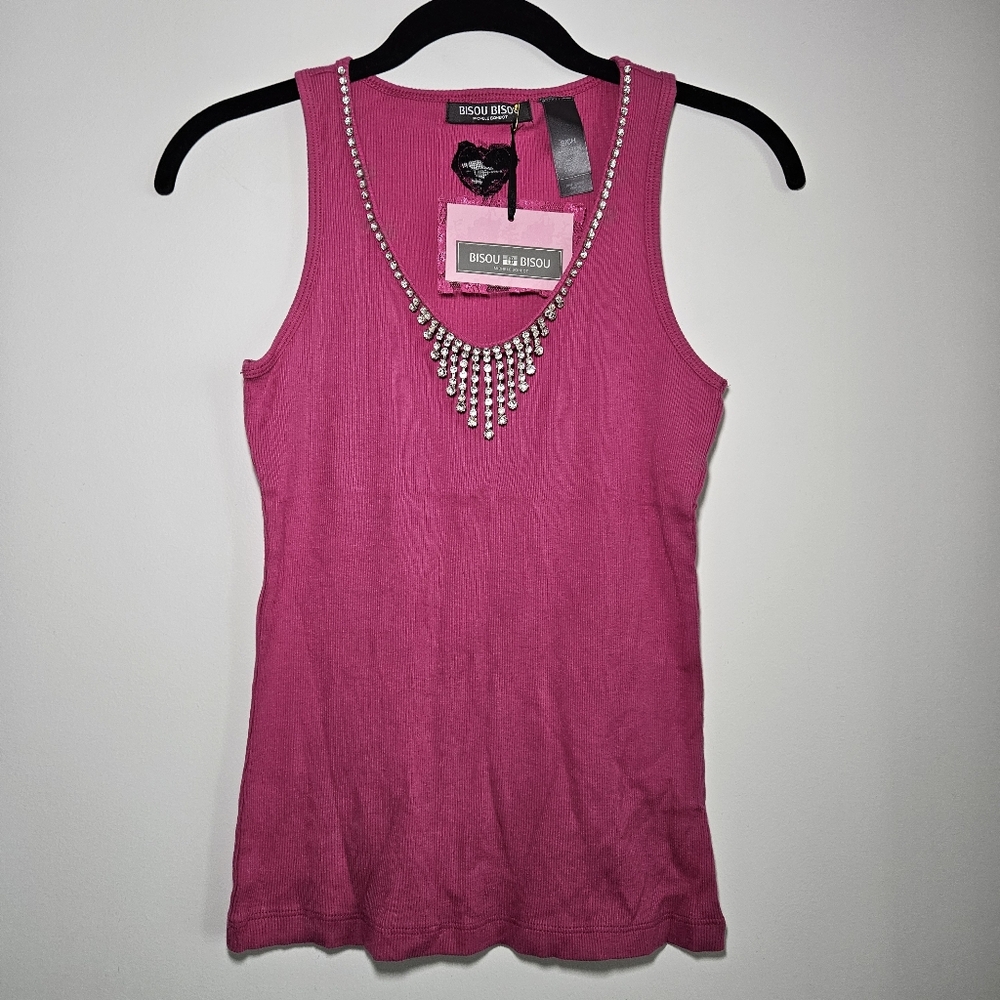NWT! Bisou Bisou Sleeveless V-neck Rhinestone Embellished Cotton Tank Sz Small